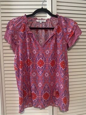 Rose & Olive Coral and Purple Floral Print V-Neck Blouse with Ties